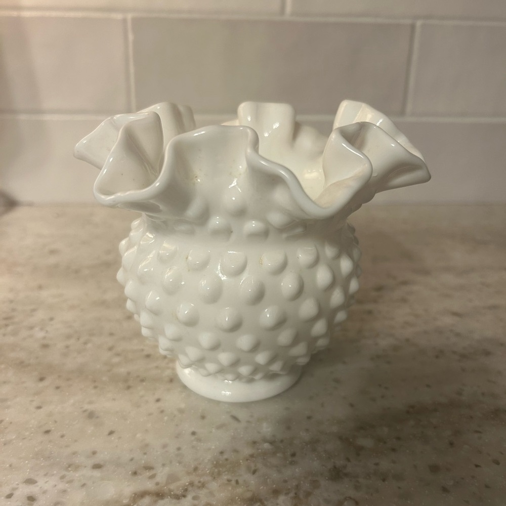Fenton milk glass hobnail rose bowl , ruffled edge
